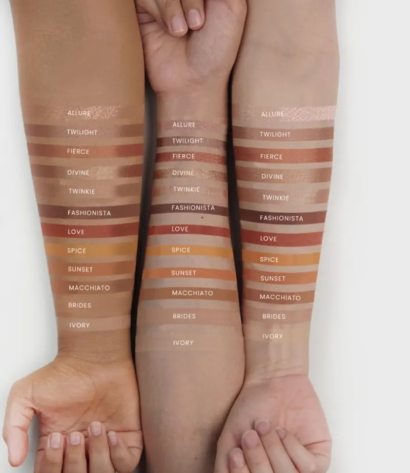 Swatch 12 eyeshadow di tiga lengan dengan warna kulit berbeda: Allure, Twilight, Fierce, Divine, Twinkie, Fashionista, Love, Spice, Sunset, Macchiato, Brides, Ivory