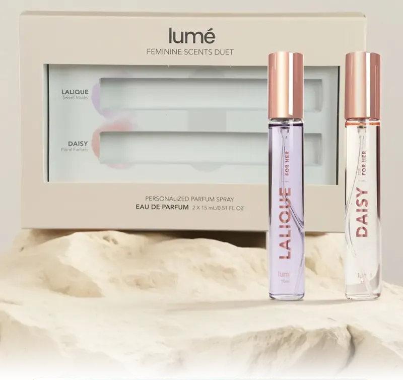 Kotak Feminine Scents Duet dengan botol LALIQUE dan DAISY