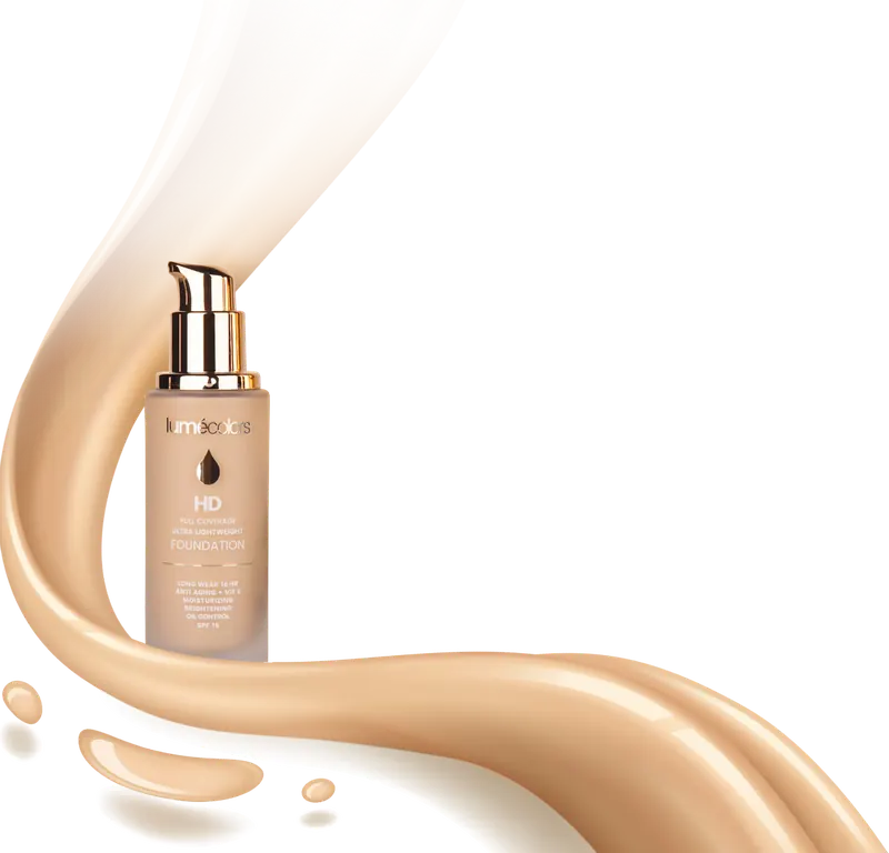 Botol Lumécolors HD Foundation berpompa emas di atas pita foundation cair yang meliuk