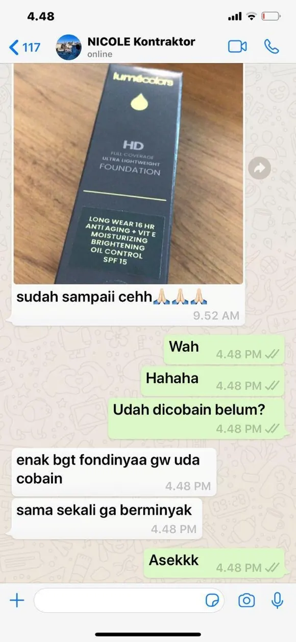 Testimoni chat WhatsApp NICOLE Kontraktor dengan foto kotak HD Foundation: sudah sampaii cehh. Enak bgt fondinyaa gw uda cobain. Sama sekali ga berminyak