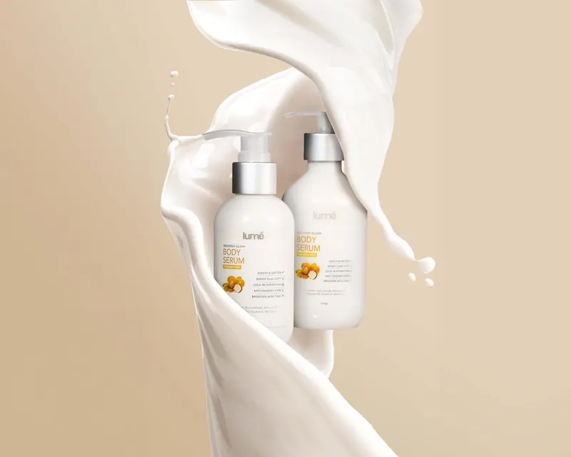 Lume Nourish Glow Body Serum 150 gr dan 300 gr dalam cipratan cairan putih