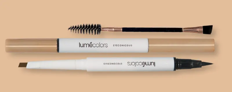 Lumécolors Eyeconic Duo: pensil tertutup, pensil terbuka dengan ujung alis dan ujung eyeliner, serta sikat spoolie